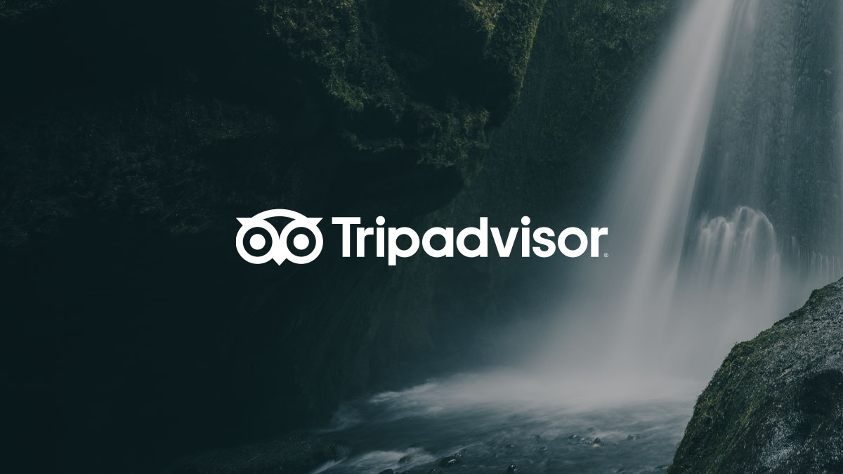 Tripadvisor logo with owl icon over a waterfall background.
