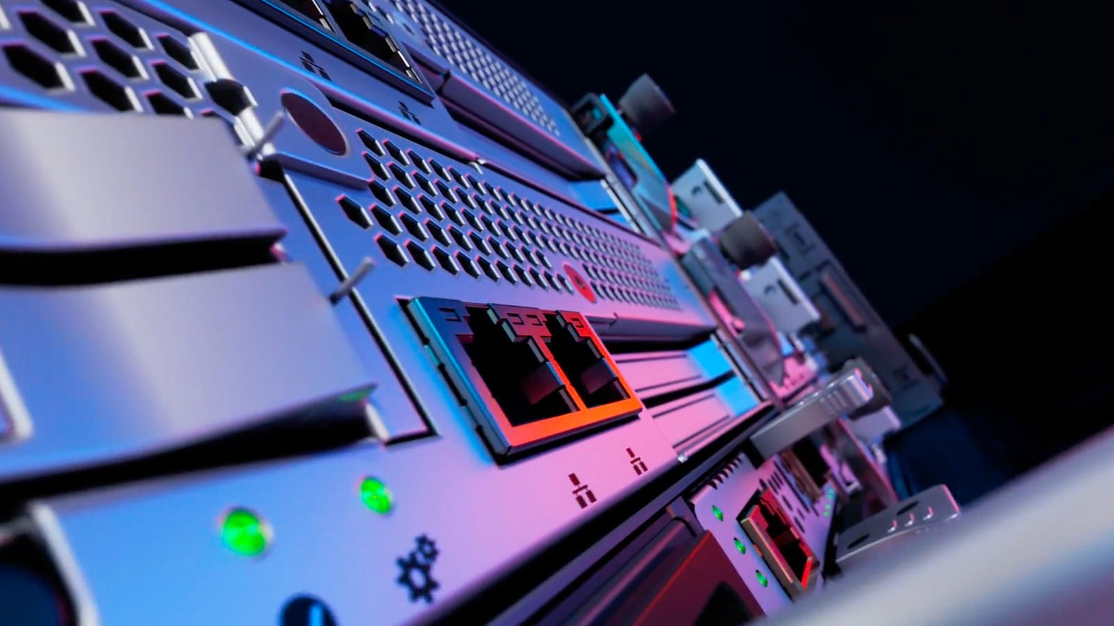 Close-up of networking equipment featuring Ethernet ports, status LEDs, and network icons.