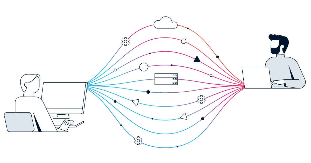 Digital connectivity and data flow between two users, illustrating concepts related to NeoCloud, featuring server and cloud infrastructure.