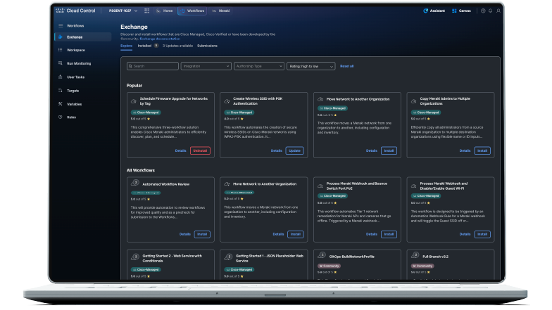 Cisco Cloud Control Exchange page showing a library of discoverable and installable workflows, organized into Popular and All Workflows sections.
