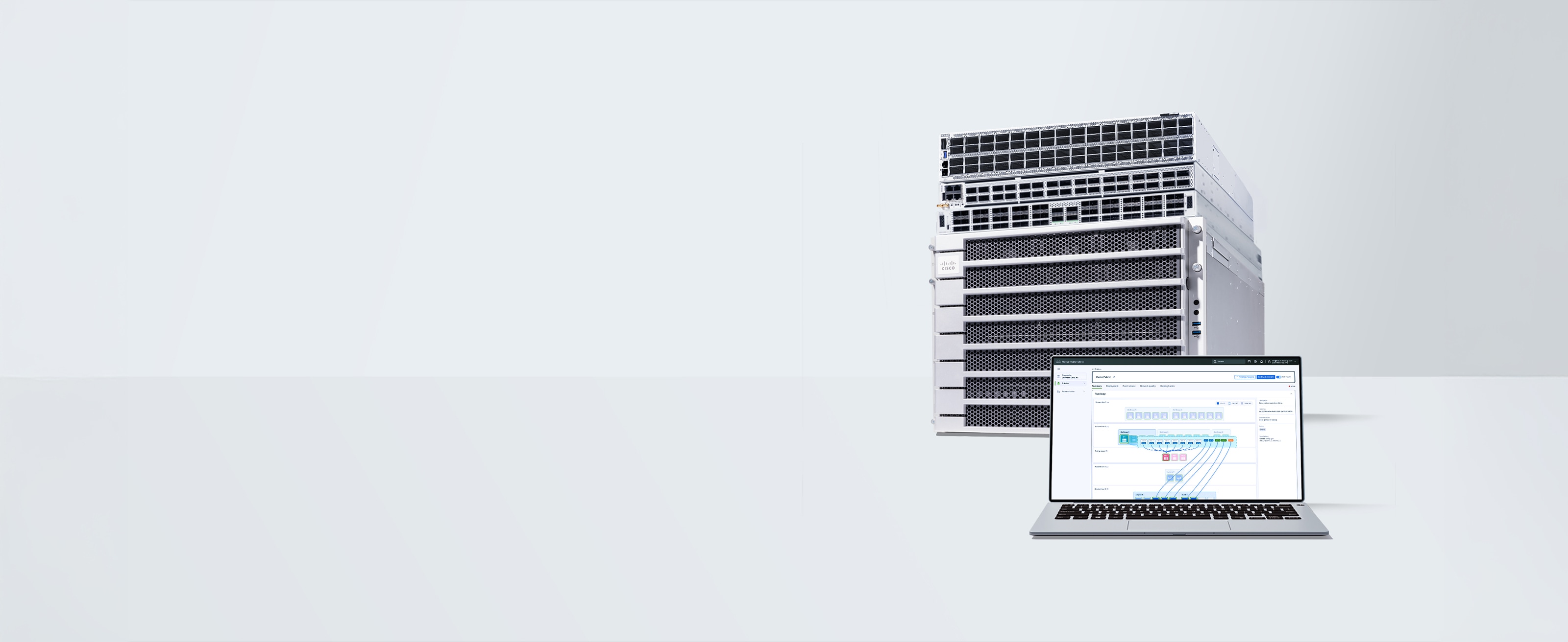 Nexus Hyperfabric dashboard displayed on laptop. A stack of UCS servers is behind. 