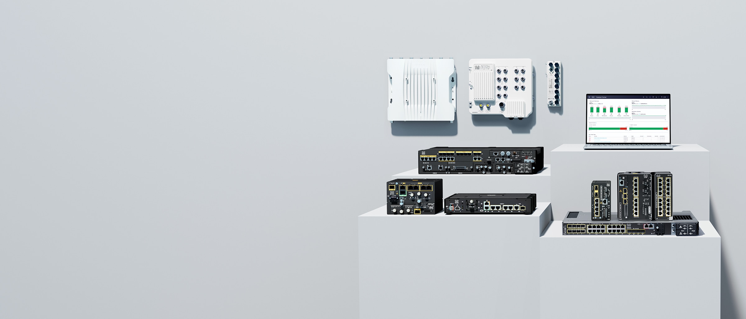 Cisco Industrial IoT routers, switches, access point, and a laptop displaying Cisco Catalyst Center