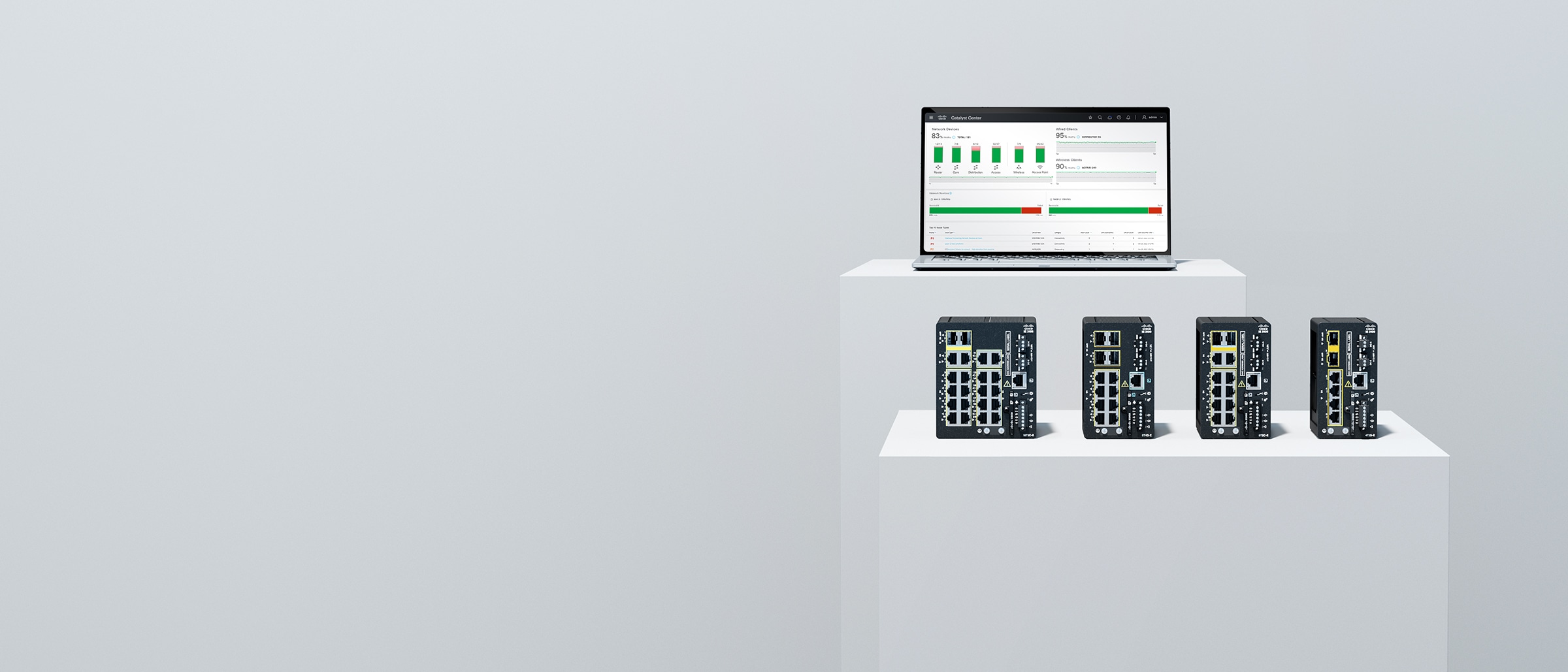 Cisco Catalyst IE3100 Rugged Series Switches and Cisco management interface displayed on a laptop screen