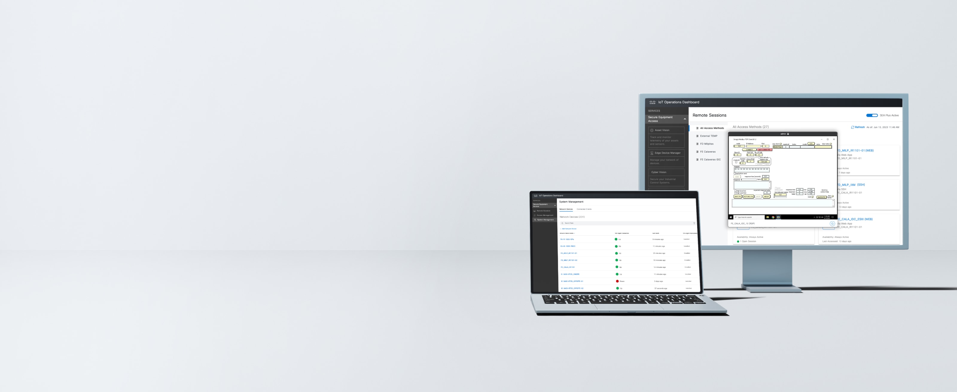 Cisco Secure Equipment Access interface displayed on laptop and desktop screens
