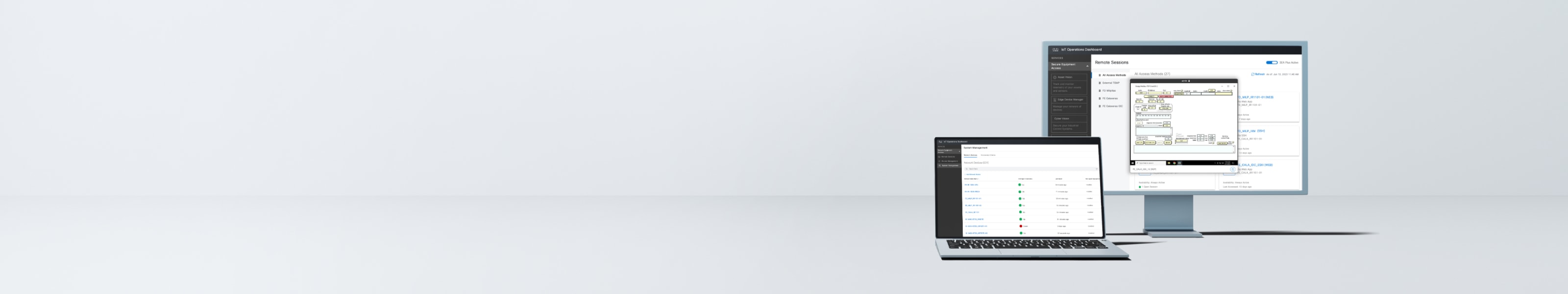 Cisco Secure Equipment Access interface displayed on laptop and desktop screens
