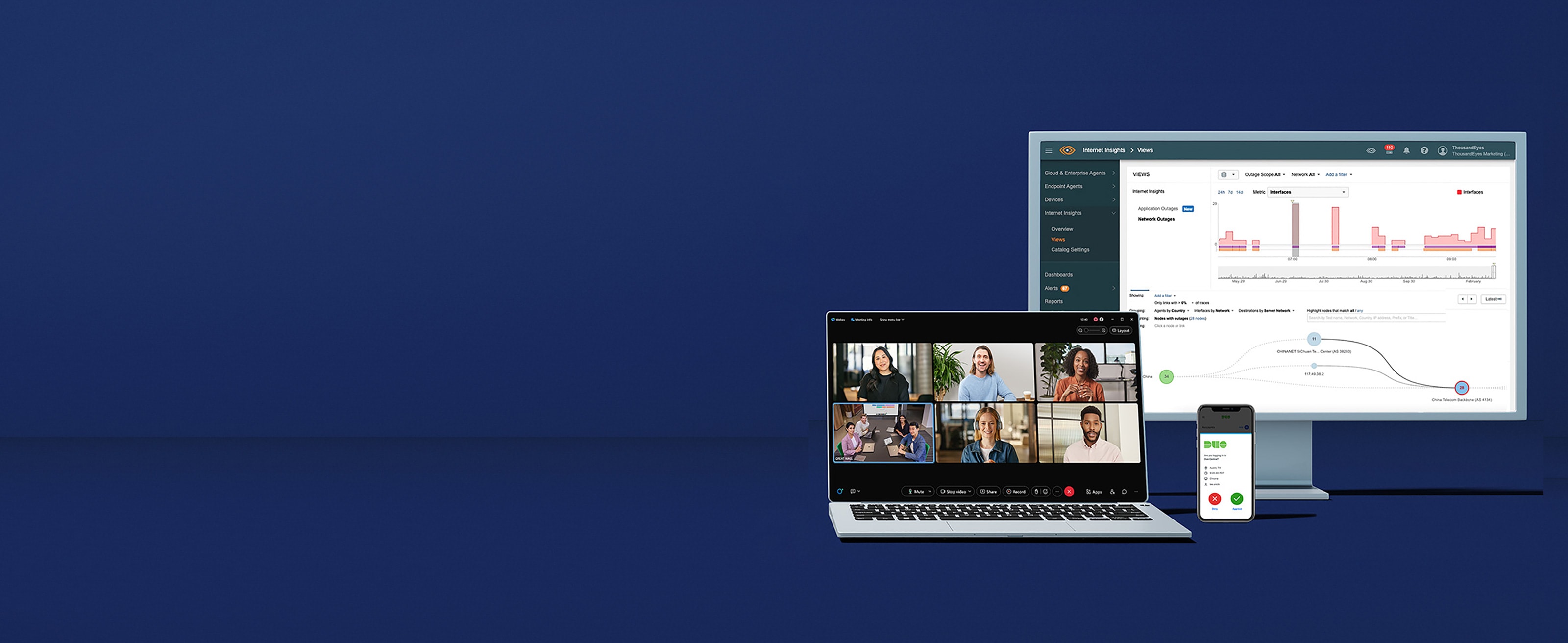 Various display screens featuring Hybrid Work software and Duo multi-factor authenticator
