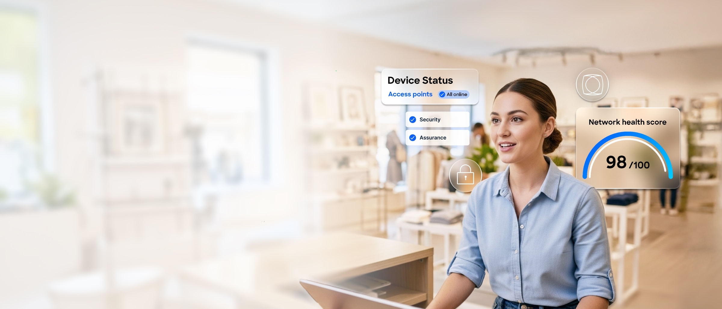Person looking at laptop, with network dashboard status items overlaid on the background for: Connectivity, Assurance, Security, Infrastructure, and Culture.