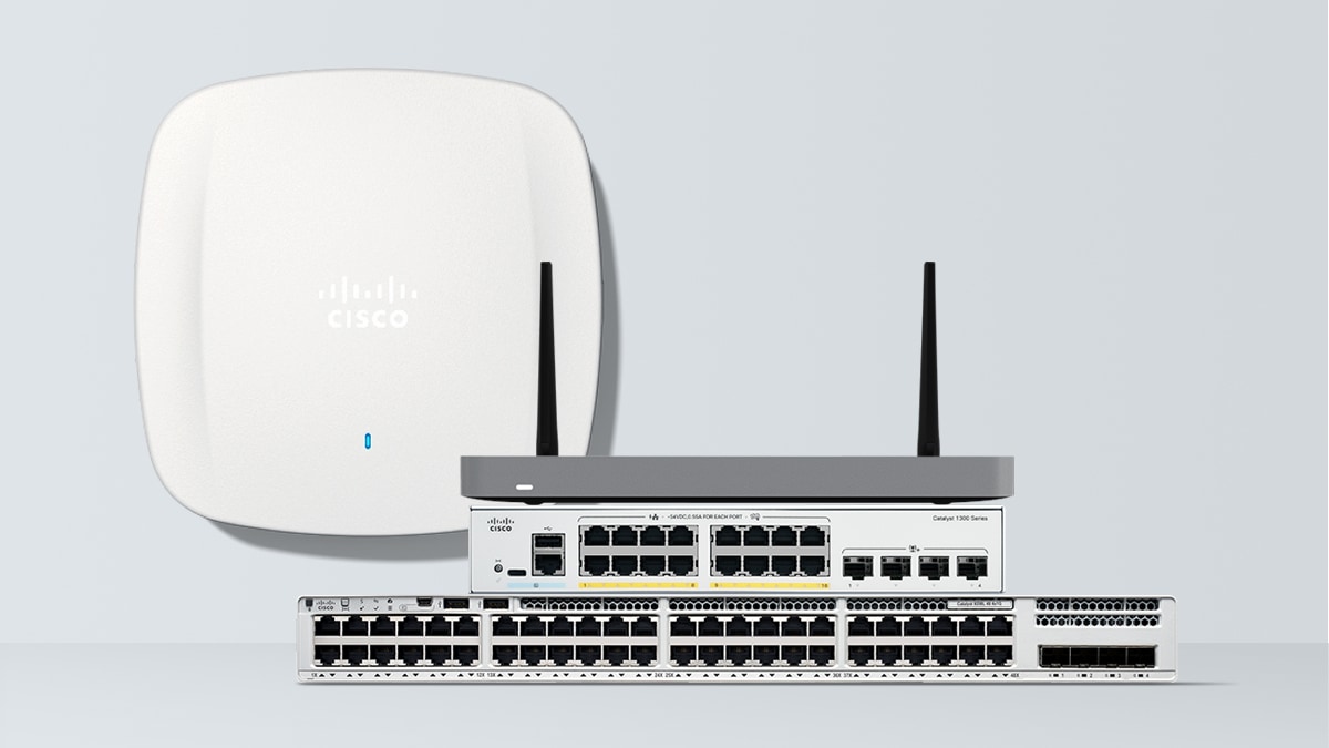 Produtos de rede da Cisco: Catalyst 9164AX Series, Meraki MX67W, Catalyst 1200, Meraki 9200L