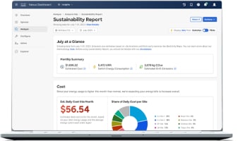 Cisco Nexus Dashboard Sustainability Report displayed on a laptop. 
