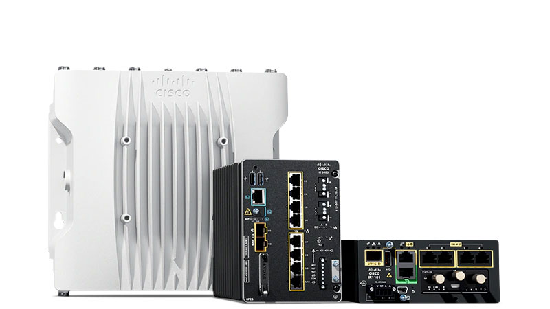 Cisco wireless access point, industrial switch, and industrial router.
