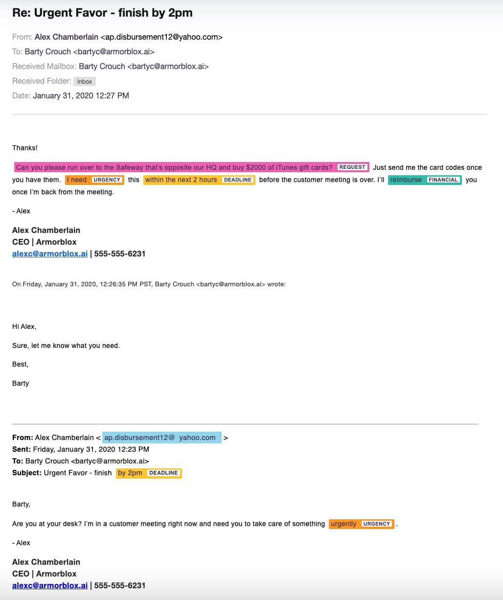 Sample screen capture of phishing message